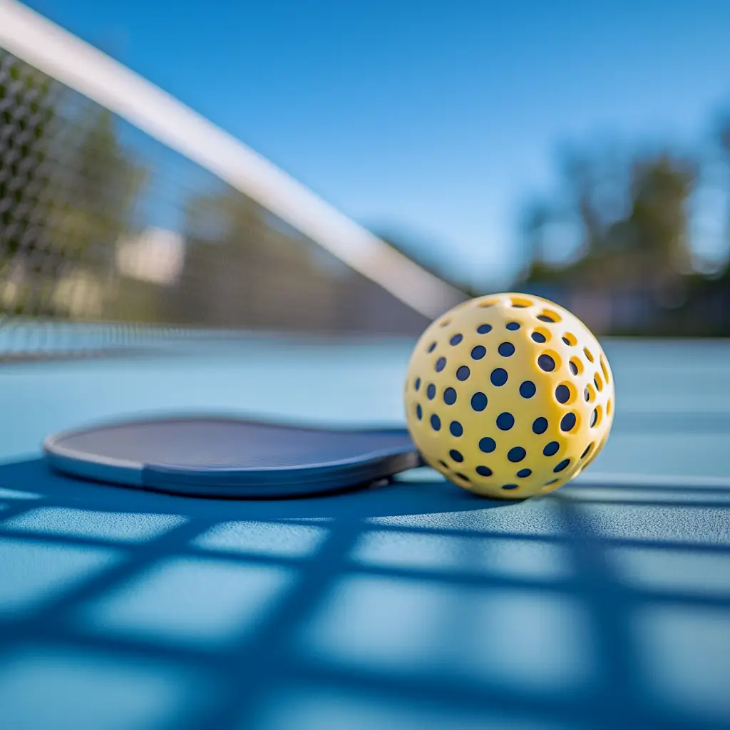 Raquette et balle de pickleball en France posées sur un terrain bleu sous un ciel dégagé.