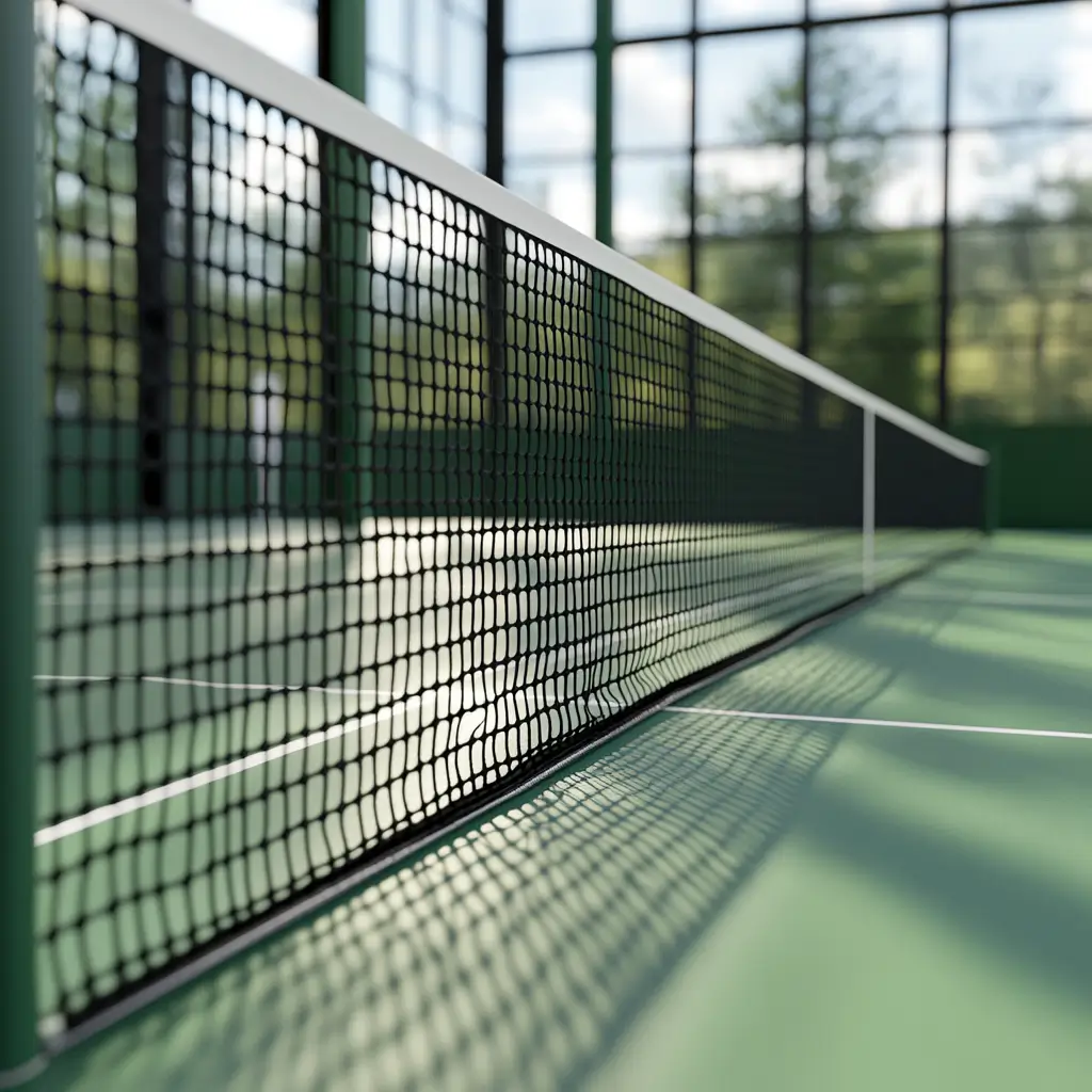 Gros plan sur un filet de pickleball en intérieur, avec un sol marqué selon les dimensions officielles.