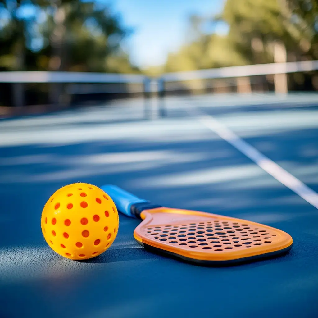 Raquette et balle de pickleball posées sur un terrain bleu.