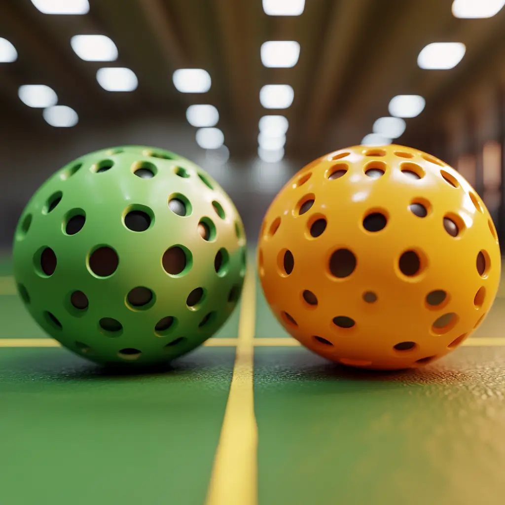 Deux balles de pickleball, l'une verte et l'autre jaune, posées sur un terrain intérieur.