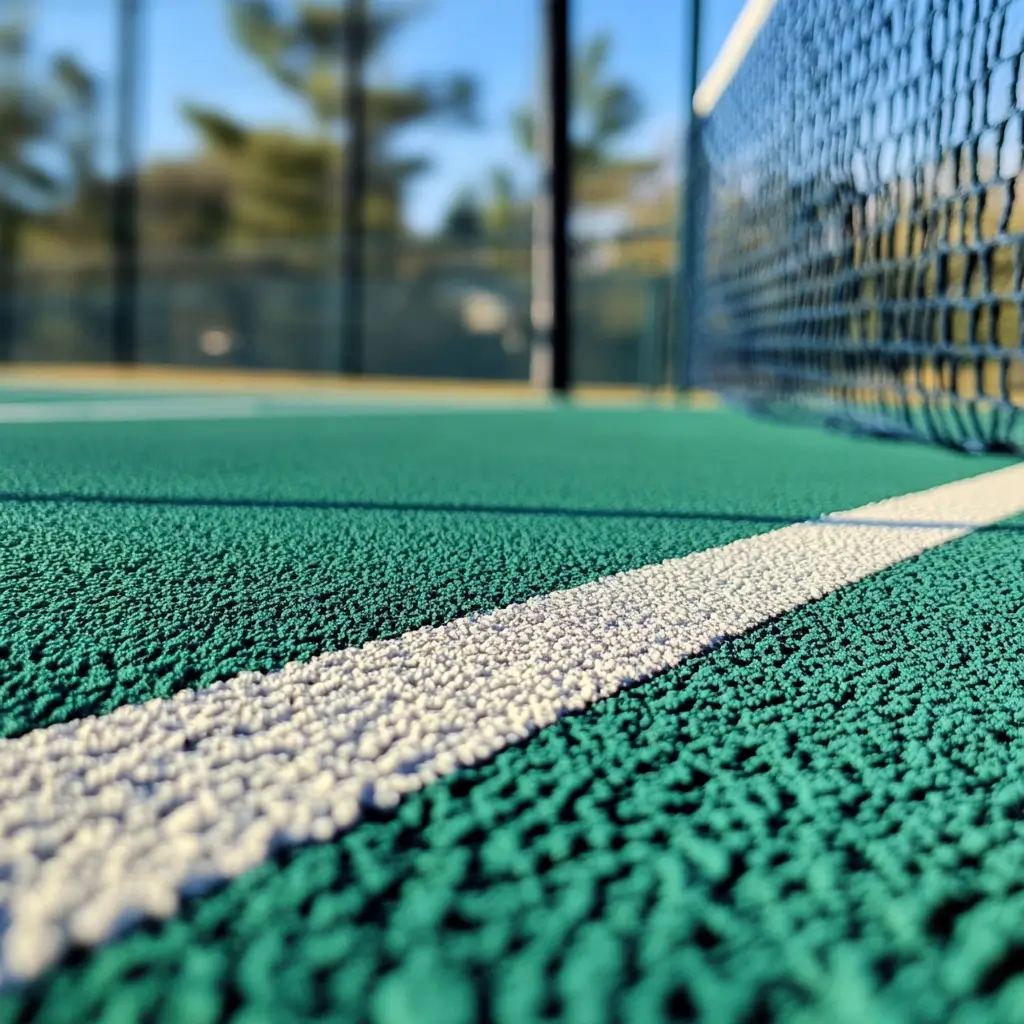 Gros plan sur les lignes blanches d’un terrain de pickleball avec une surface texturée.