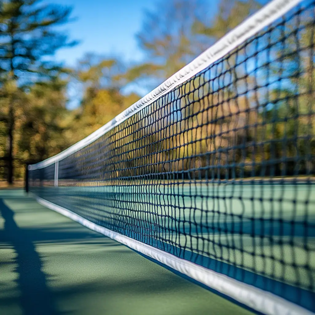 Gros plan sur un filet de pickleball en extérieur avec un ciel dégagé.