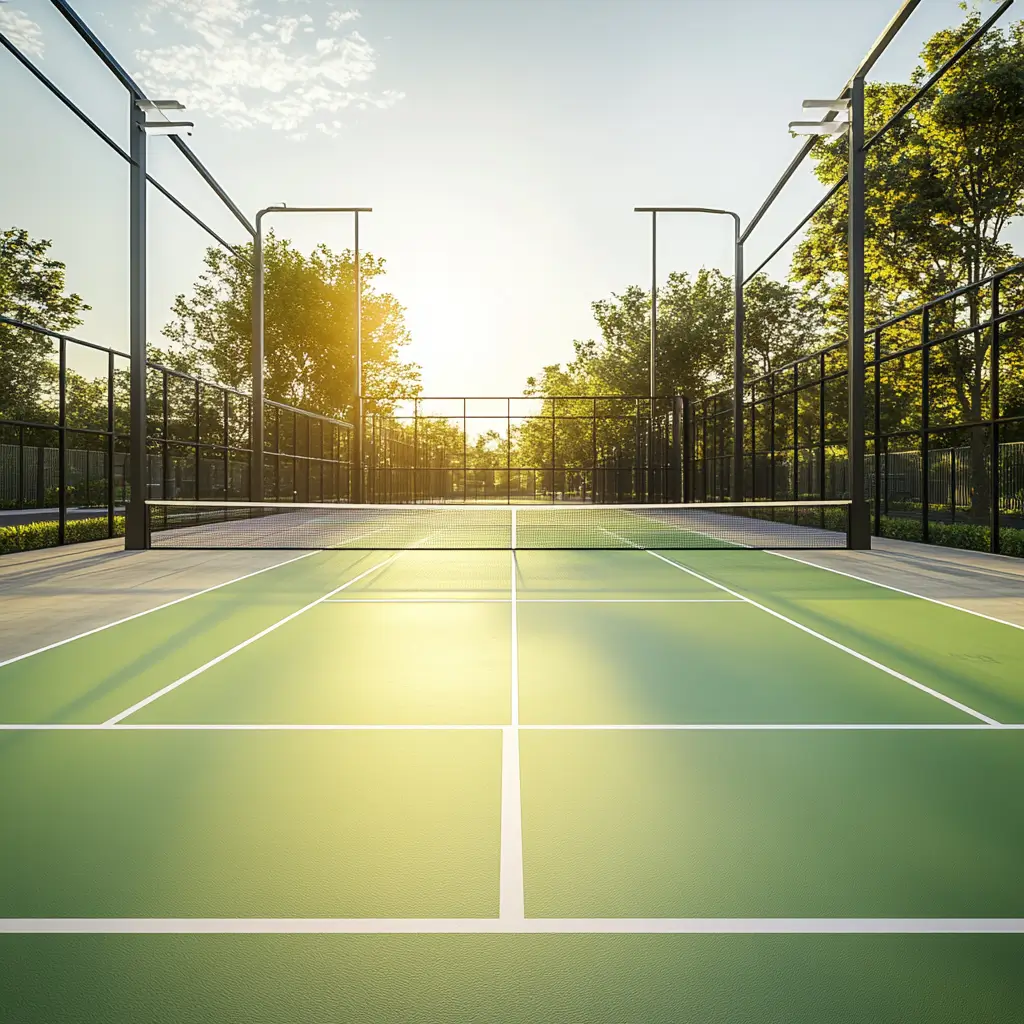 Terrain de pickleball extérieur avec éclairage et clôtures, prêt pour le jeu.